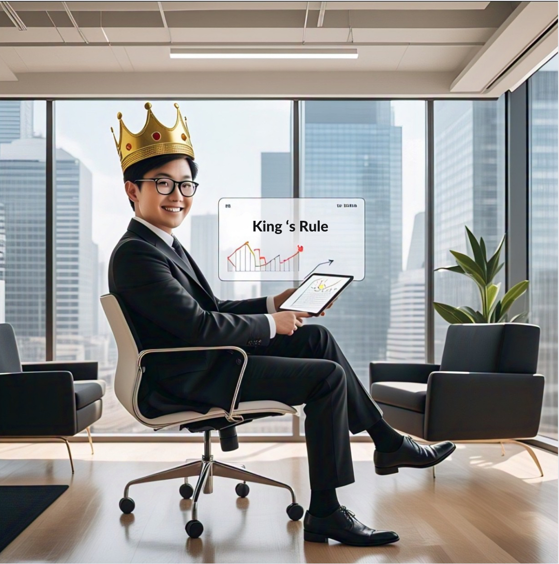 Young Asian entrepreneurs who is sitting in his office with a crown on his head holding a newspaper that says kings rule