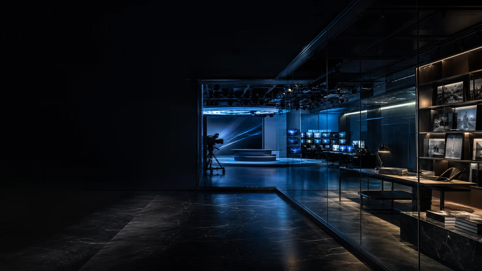 A cinematic media studio prepared for an on-demand conversation